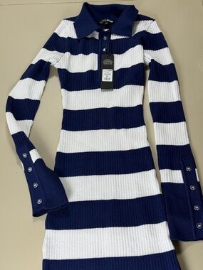 Striped Navy and White Ribbed Polo Dress - Women